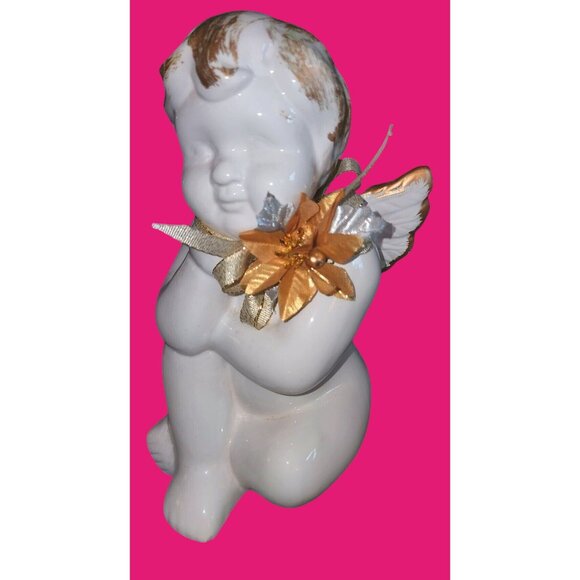 White & Gold Ceramic Angel Figurine With Floral Bow Details - Picture 2 of 9